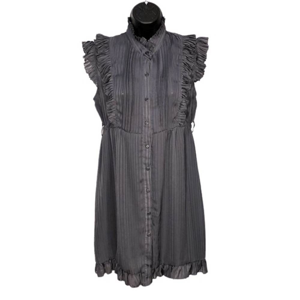 Ruffled Pleated Button Up Sleeveless Striped Chiffon Romantic Poetry Gre…​